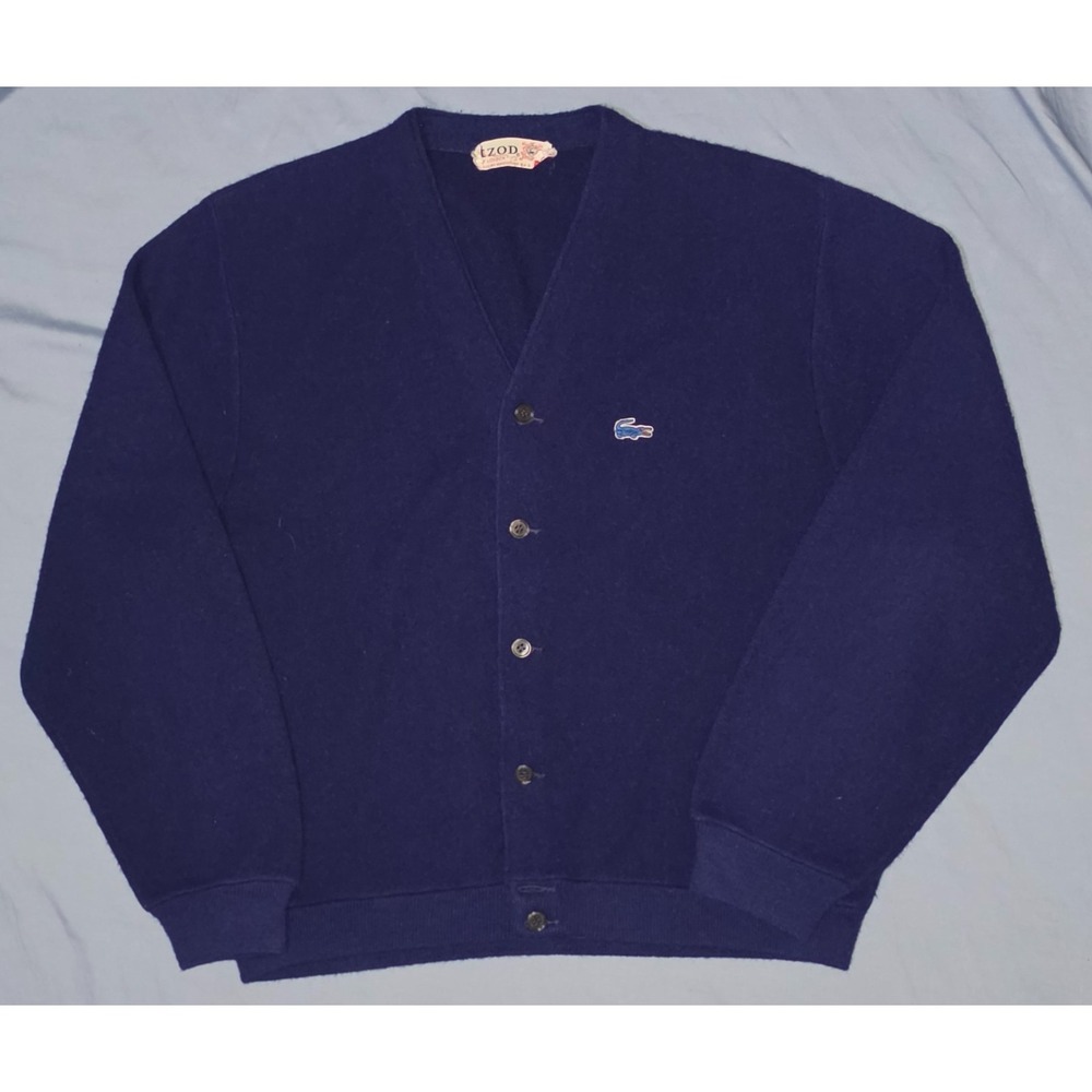 Vintage 60s/70s Izod of London Lacoste Cardigan Sweater Blue Large Orlon Acrylic
